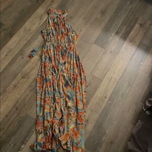 Boho Floral Halter Maxi Dress in Turquoise and Orange